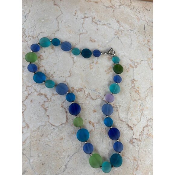 Handcrafted Multicolor Frosted Glass Bead Necklace With Silver Accents & Toggle - Picture 6 of 9